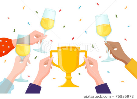 People celebrate winning championship, champion hand hold golden cup, glass champagne flat vector illustration, isolated on white. People celebrate winning championship, champion hand hold golden cup, glass champagne flat vector illustration, isolated on white. 76886978