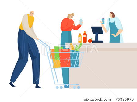 Lovely family couple standing cash register supermarket shopping, full food trolley cart flat vector illustration, isolated on white. Lovely family couple standing cash register supermarket shopping, full food trolley cart flat vector illustration, isolated on white. 76886979
