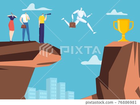 Artificial intelligence businessman character robot jumping chasm rock, office company algorithm win cup flat vector illustration. Artificial intelligence businessman character robot jumping chasm rock, office company algorithm win cup flat vector illustration. 76886981