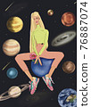 Hand-drawn flat fashion illustration of imaginary long hair blondie girl, with the trendy outfit, sitting between planets, somewhere in space universe, with a peony. Greeting postcard. Wall art print 76887074