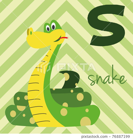 Cute cartoon zoo illustrated alphabet with funny animals: S for Snake. English alphabet. Learn to read. Isolated Vector illustration. Cute cartoon zoo illustrated alphabet with funny animals: S for Snake. English alphabet. Learn to read. Isolated Vector illustration. 76887199