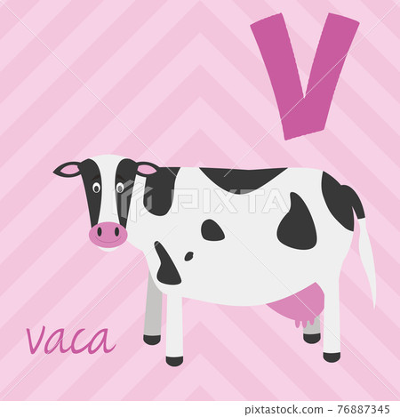 Cute cartoon zoo illustrated alphabet with funny animals. Spanish alphabet: V for Vaca. Learn to read. Isolated Vector illustration. Cute cartoon zoo illustrated alphabet with funny animals. Spanish alphabet: V for Vaca. Learn to read. Isolated Vector illustration. 76887345