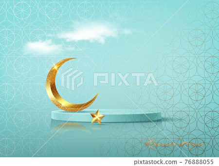 Ramadan Kareem 3D vector of classic teal Muslim Islamic festival theme product display background with gold crescent moon, golden star, Islamic Arabic decorations. Podium studio, religious symbols 76888055