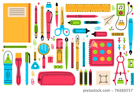 School chancellery. Pupils education hand drawn school supplies, pencil, pen, ruler, eraser and scissors vector illustration set. Back to school tools School chancellery. Pupils education hand drawn school supplies, pencil, pen, ruler, eraser and scissors vector illustration set. Back to school tools 76888557