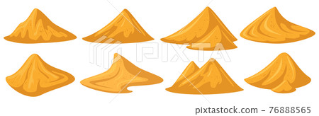 Sand piles. Yellow sandy heap, construction building material piles, bulk construction materials heaps. Sandy mounds vector illustration set 76888565
