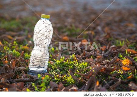 Used plastic bottle thrown away on grass covered ground outdoors. Pollution of nature concept. Used plastic bottle thrown away on grass covered ground outdoors. Pollution of nature concept. 76889709