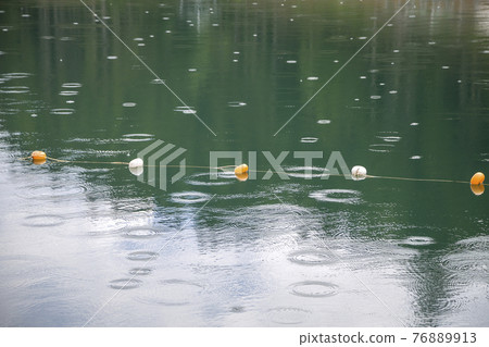 Rope with white and yellow restriction markers on water surface for prohibiting of swimming in deep lake or sea. Rope with white and yellow restriction markers on water surface for prohibiting of swimming in deep lake or sea. 76889913