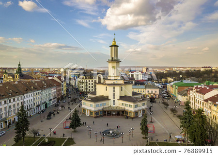 The historic center of Ivano-Frankivsk city, Ukraine, with city The historic center of Ivano-Frankivsk city, Ukraine, with city 76889915
