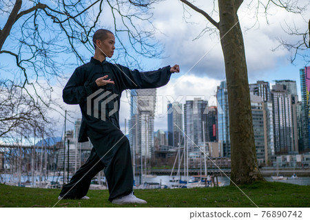Chinese man dancing Tai Chi in the park (whole body) Chinese man dancing Tai Chi in the park (whole body) 76890742