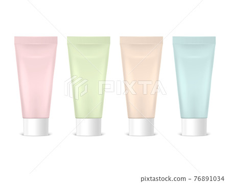 Vector 3d Realistic Plastic, Metal Pink, Green, Beige, Blue Tooth Paste, Cream Tube, Packing Set Isolated. Design Template of Toothpaste, Cosmetics, Cream, Tooth Paste for Mockup. Front View 76891034