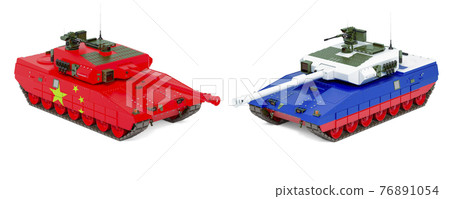 China and Russia Joint Military Exercise concept. Battle tanks with Russian and China flags, 3D rendering 76891054