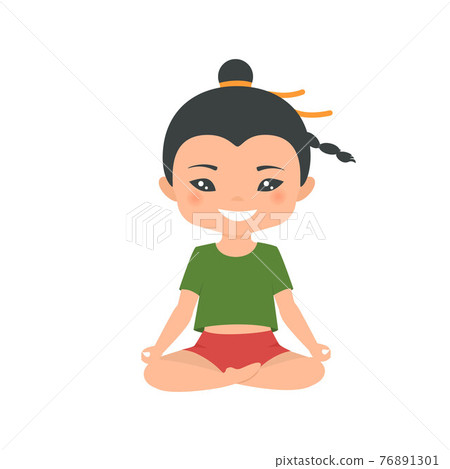 Cute Chinese chibi boy doing yoga, isolated on white background. Cartoon flat style 76891301