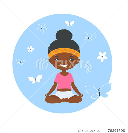 Cute african american chibi girl doing yoga on blue background. Cartoon flat style Cute african american chibi girl doing yoga on blue background. Cartoon flat style 76891308