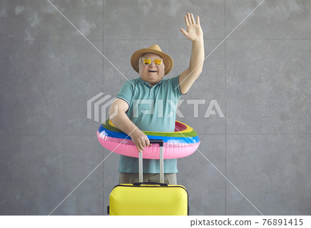 Happy senior tourist with suitcase going on vacation, saying goodbye and waving hand Happy senior tourist with suitcase going on vacation, saying goodbye and waving hand 76891415