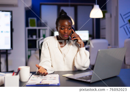 Black businesswoman manager discussing important project Black businesswoman manager discussing important project 76892023