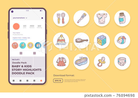 baby and kids care doodle icons for newborn with toys, food, accessories. sign symbol set for social media Highlight Stores Cover vector illustration baby and kids care doodle icons for newborn with toys, food, accessories. sign symbol set for social media Highlight Stores Cover vector illustration 76894698