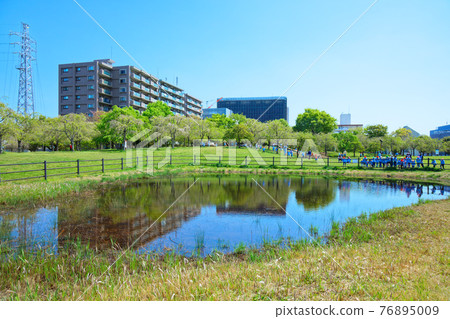 Fresh green on young leaves, a landscape that shines on the surface of the water, Ogunohara Park, kindergarten children Fresh green on young leaves, a landscape that shines on the surface of the water, Ogunohara Park, kindergarten children 76895009