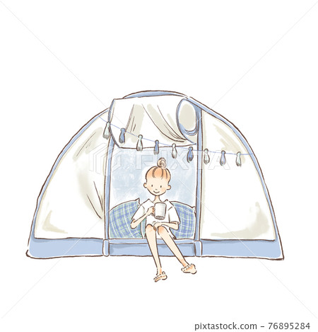 一個年輕女子在帳篷裡喝咖啡的插圖 76895284