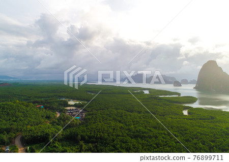 Aerial view sea and river in tropical mangrove green tree forest with fog Aerial view sea and river in tropical mangrove green tree forest with fog 76899711