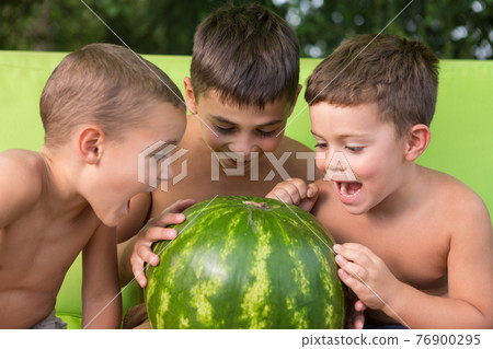 three cheerful boys hold a big watermelon, look at it and laugh, summer concept three cheerful boys hold a big watermelon, look at it and laugh, summer concept 76900295