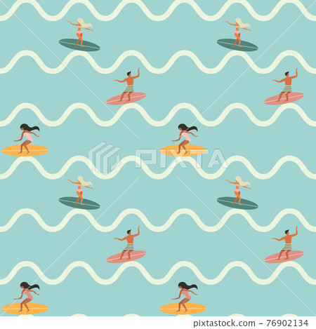 Vintage Surfing People on Waves Seamless Pattern 76902134