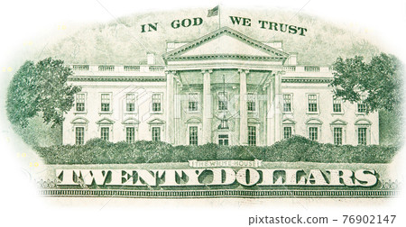 Close-up 20 US dollar banknotes, reverse side twenty dollar banknote depicting white house. Cash exchange currency. 76902147