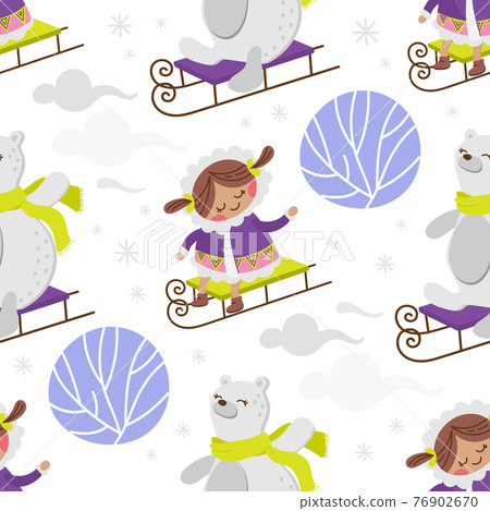 ESKIMO GIRL BEAR Winter Child Comic Funny Flat Design Cartoon Hand Drawn Seamless Pattern Vector Illustration For Print ESKIMO GIRL BEAR Winter Child Comic Funny Flat Design Cartoon Hand Drawn Seamless Pattern Vector Illustration For Print 76902670