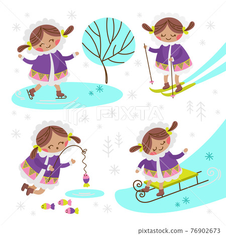 ESKIMO GIRL Alaska Winter Child Characters Comic Funny Flat Design Cartoon Hand Drawn Vector Illustration Set For Print ESKIMO GIRL Alaska Winter Child Characters Comic Funny Flat Design Cartoon Hand Drawn Vector Illustration Set For Print 76902673