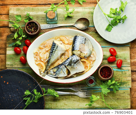 Delicious steamed mackerel,top view Delicious steamed mackerel,top view 76903401