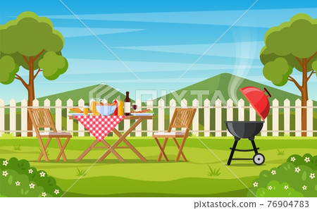 Barbecue party in the backyard with fence 76904783