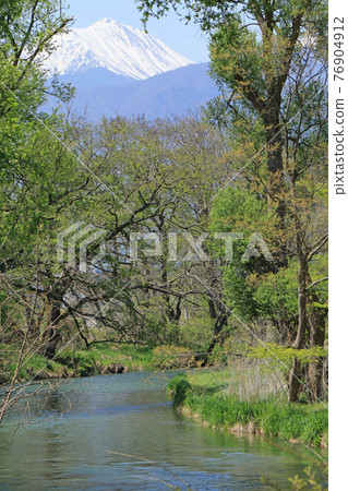 Mt. Jonen in spring seen from Daio Wasabi Farm in Azumino 76904912