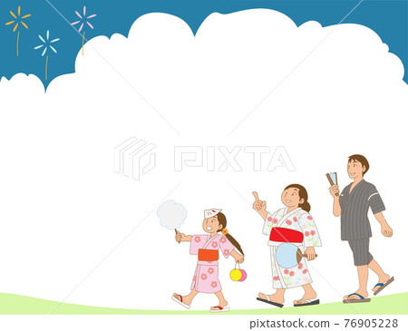 Frame material for families enjoying summer festivals in yukata 76905228