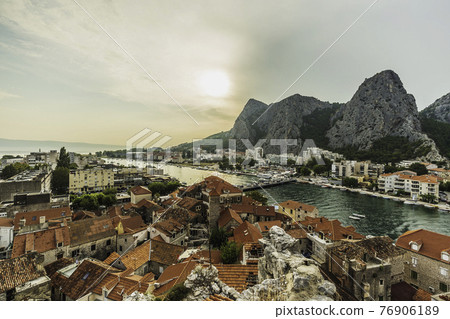 Panoramic view of Omis and Cetina River Gorge, Dalmatia, Riviera Makarska, Croatia. Panoramic view of Omis and Cetina River Gorge, Dalmatia, Riviera Makarska, Croatia. 76906189