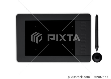 Touch pad for retouch. Graphic tablet with stylus isolated over white backround. Necessary equipment for retouching. Photo editor work space. Art, creativity, design and retouching concept 76907344