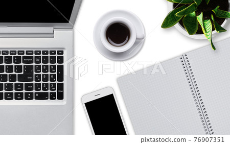 View from above of smart phone, laptop, spiral notebook, flowerpot and cup of coffee lying on white flat surface. Modern devices of businessman. Desktop with gadgets and notepad. View from above of smart phone, laptop, spiral notebook, flowerpot and cup of coffee lying on white flat surface. Modern devices of businessman. Desktop with gadgets and notepad. 76907351