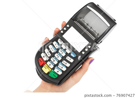 Isolated shot of unrecognziable person holds POS terminal for payment without cash, using plastic card, white background. Payment terminal. E commerce concept 76907427