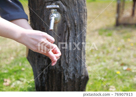 A woman washing her hands during a walk in a park on a warm spring day 76907913