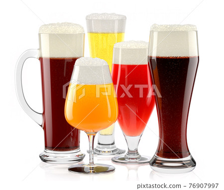Set of fresh different beer glasses with bubble froth on white background. Set of fresh different beer glasses with bubble froth on white background. 76907997