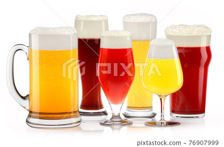 Set of fresh different beer glasses with bubble froth on white background. Set of fresh different beer glasses with bubble froth on white background. 76907999
