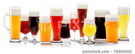 Set of fresh different beer glasses with bubble froth on white background. 76908000