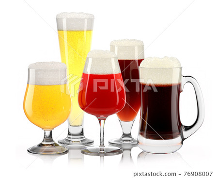 Set of fresh different beer glasses with bubble froth on white background. 76908007