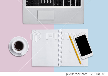 Laptop computer, notepad with blank pages and pencil, modern smart phone with blank screen and cup of coffee on flat surface. Working space of student or office worker. View from above of gadgets Laptop computer, notepad with blank pages and pencil, modern smart phone with blank screen and cup of coffee on flat surface. Working space of student or office worker. View from above of gadgets 76908188