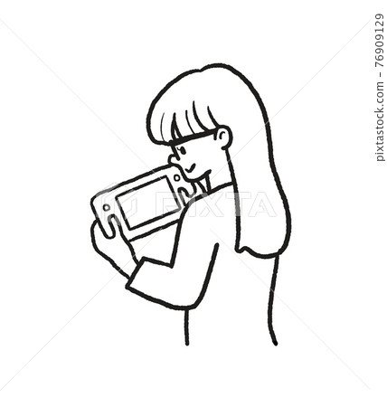 Line drawing illustration of a woman playing a game on a game console Line drawing illustration of a woman playing a game on a game console 76909129