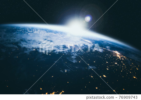 Planet earth globe view from space showing realistic earth surface and world map 76909743