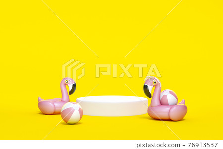 Pink Flamingo float, tropical bird shape inflatable swimming pool ring with white podium display stand on yellow background 3d rendering. 3d illustration Summer and travel minimal concept. Pink Flamingo float, tropical bird shape inflatable swimming pool ring with white podium display stand on yellow background 3d rendering. 3d illustration Summer and travel minimal concept. 76913537