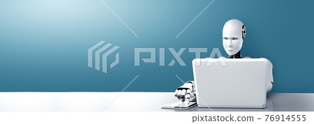 Robot humanoid use laptop and sit at table in future office 76914555