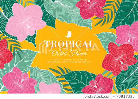 Vector horizontal banner tropical leaves and flowers on yellow background. Exotic botanical design for cosmetics, spa, perfume, health care products, aroma, wedding invitation, poster 76917333