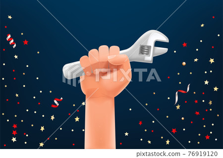 Labor day greeting card vector template. Mans hand with metal wrench Labor day greeting card vector template. Mans hand with metal wrench 76919120