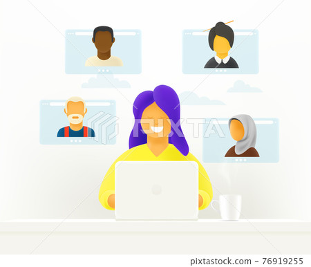 Woman makes video webinar. Online chat concept Woman makes video webinar. Online chat concept 76919255