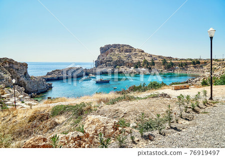 View of Saint Paul's Bay near historic city of Lindos 76919497